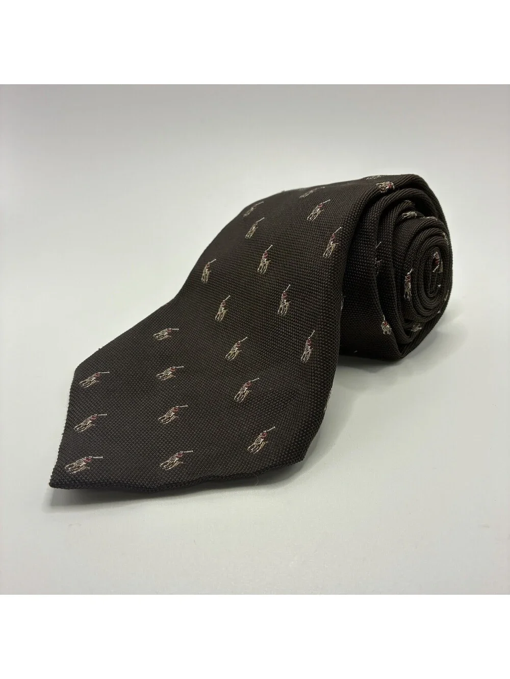 Vintage Polo Ralph Lauren Brown Wide Horse Embroidered Neck Tie USA Silk NO TAG
